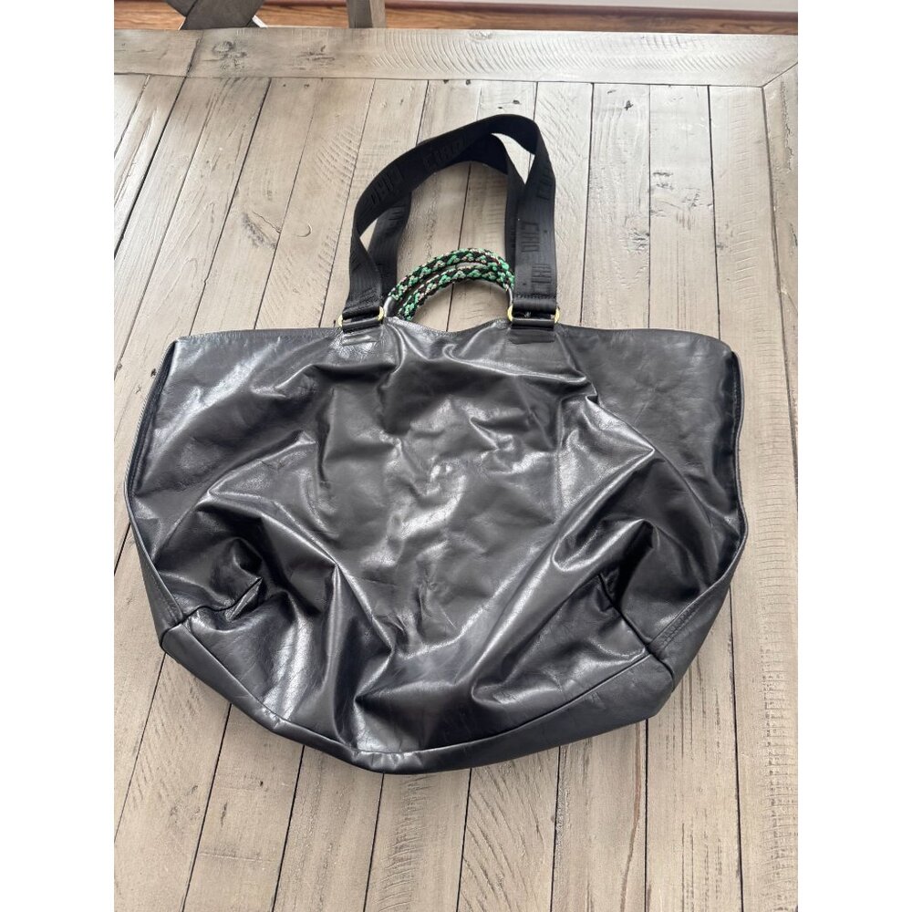 Black Leather Tote Bag with Braided Green Handle Clare V - Picture 5 of 9